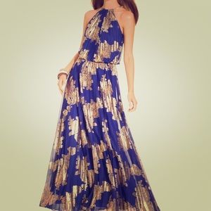 Xscape  Blue dress-Metallic print Halter Gown